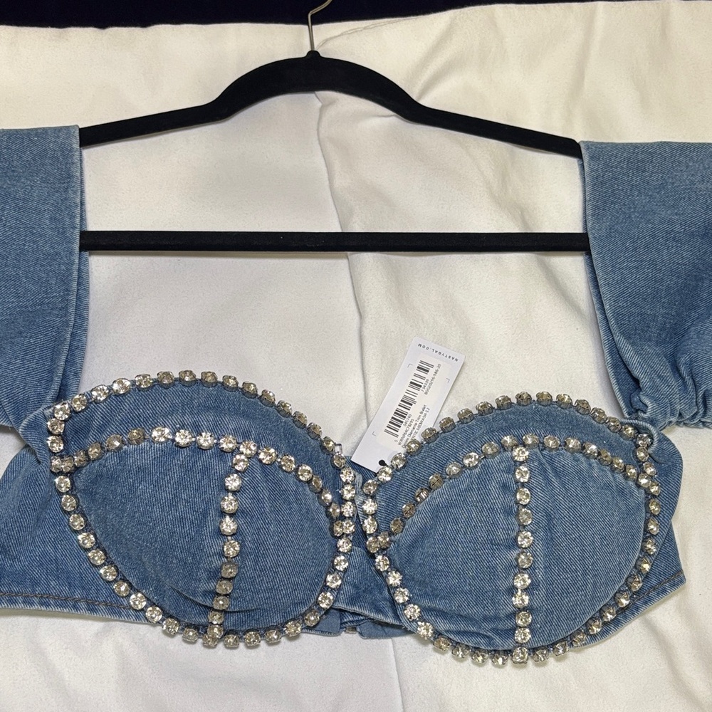 Nasty Gal Blue Denim Rhinestone Crop Top